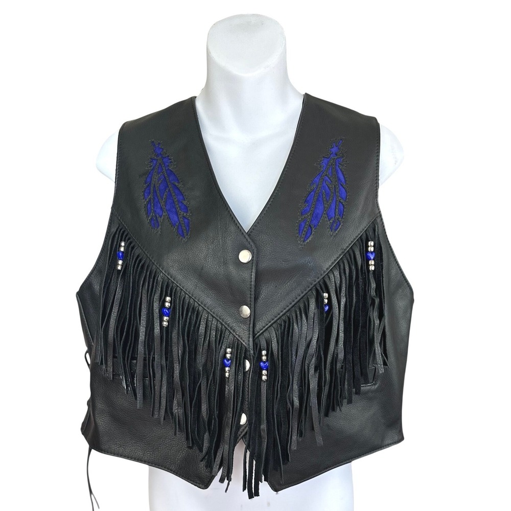 TRD Leathers Womens Black Leather Fringe Vest Blue Feather Wolf Moon‎ SZ XXL